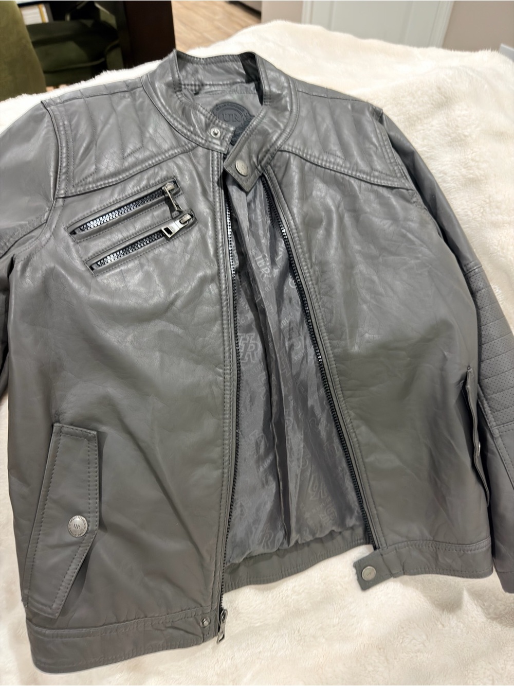 Boy Urban Republic Gray Leather Bomber Jacket with Zip Pockets